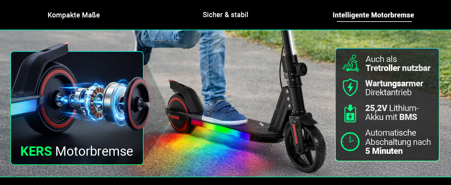 Intelligente Motorbremse Kinder E-Scooter mit KERS-Motorbremse, Lithium-Akku und wartungsarmem Direktantrieb